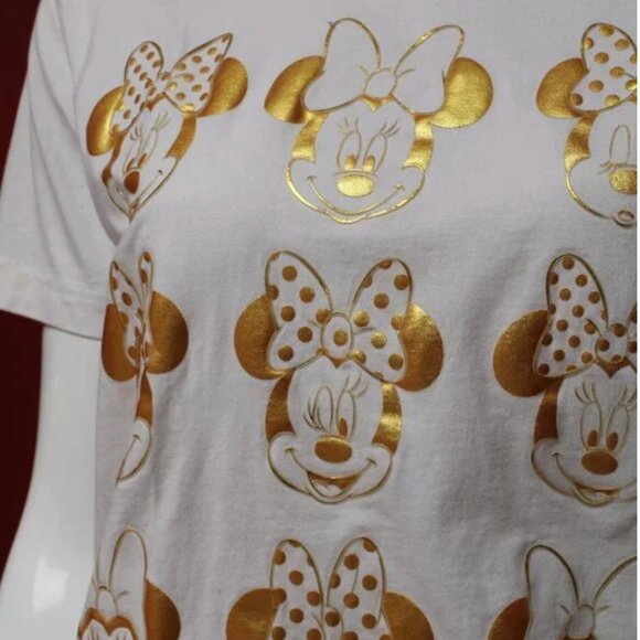 Disneyland Hong Kong White & Gold Foil Minnie Mouse TEE M - Picture 3 of 9